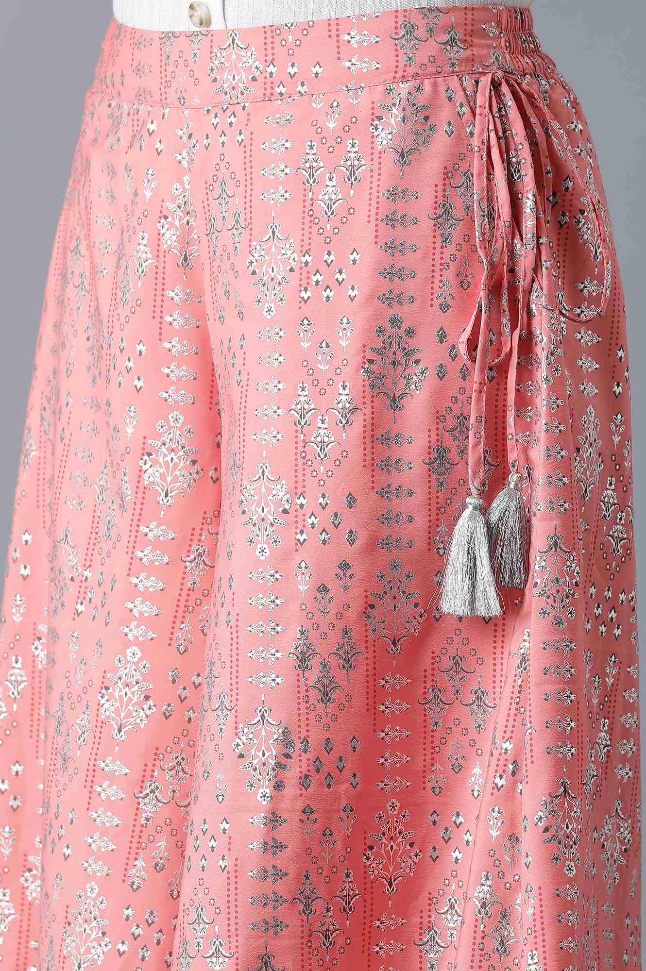Pink Floral Printed Flared Cotton Palazzo With Elasticated Waistband