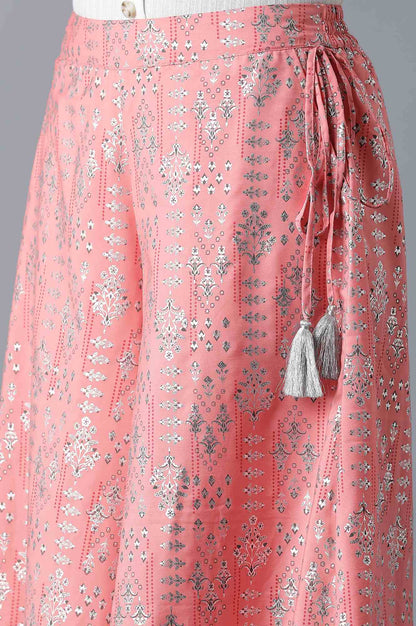 Pink Floral Printed Flared Cotton Palazzo With Elasticated Waistband