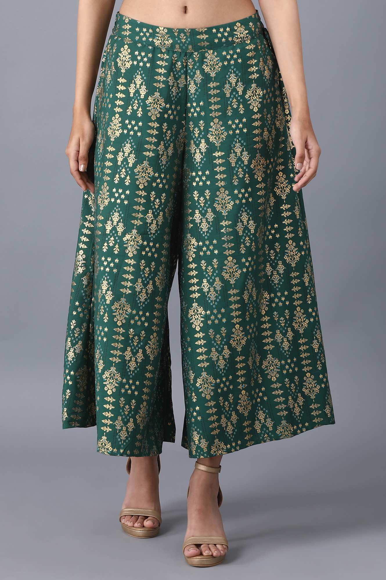 Muted Sage Green Floral Printed Flared Cotton Palazzo With Elasticated Waist