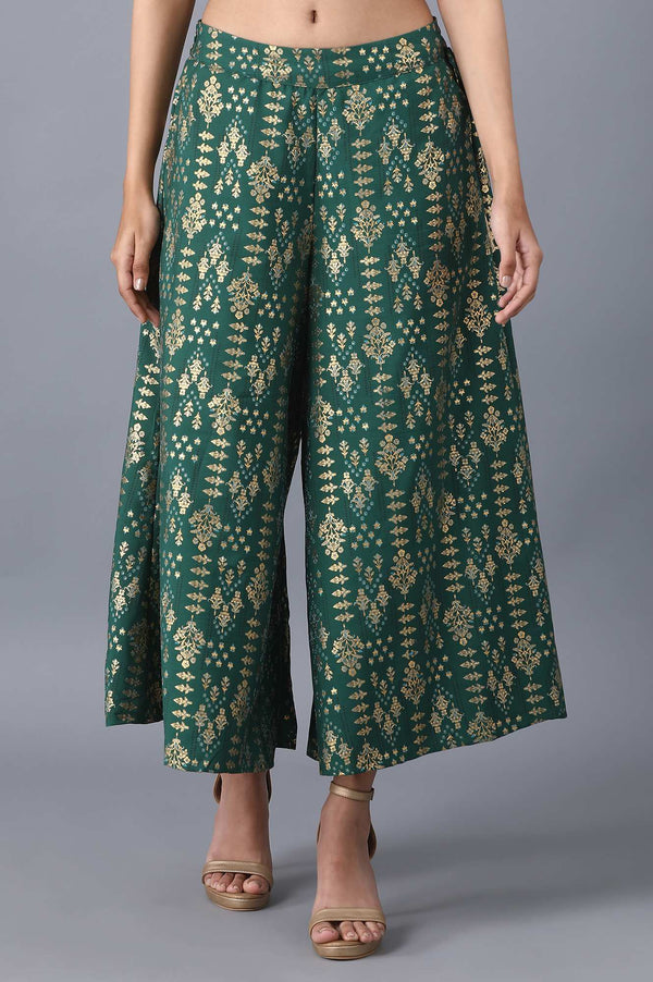 Muted Sage Green Floral Printed Flared Cotton Palazzo With Elasticated Waist