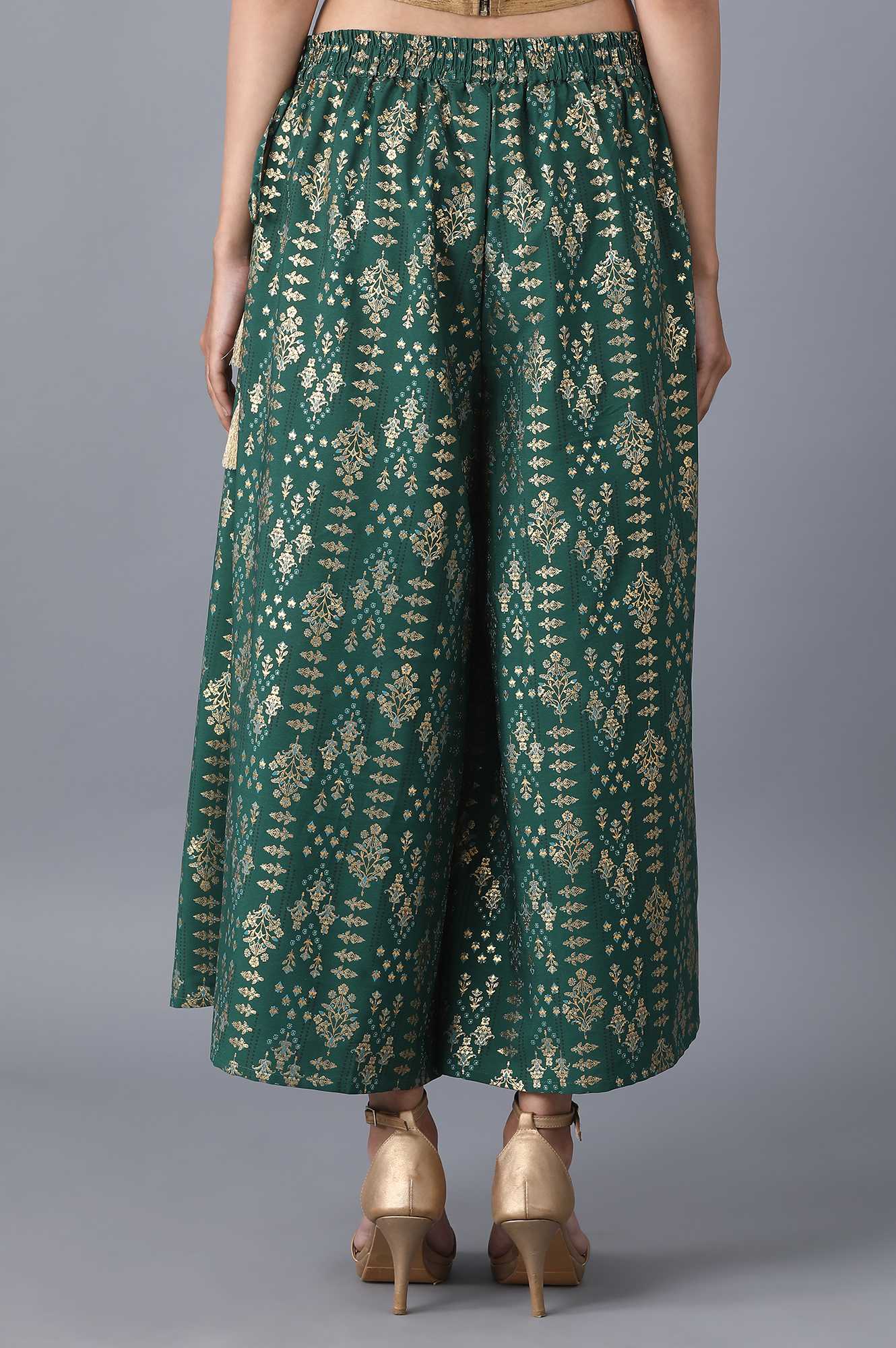 Muted Sage Green Floral Printed Flared Cotton Palazzo With Elasticated Waist