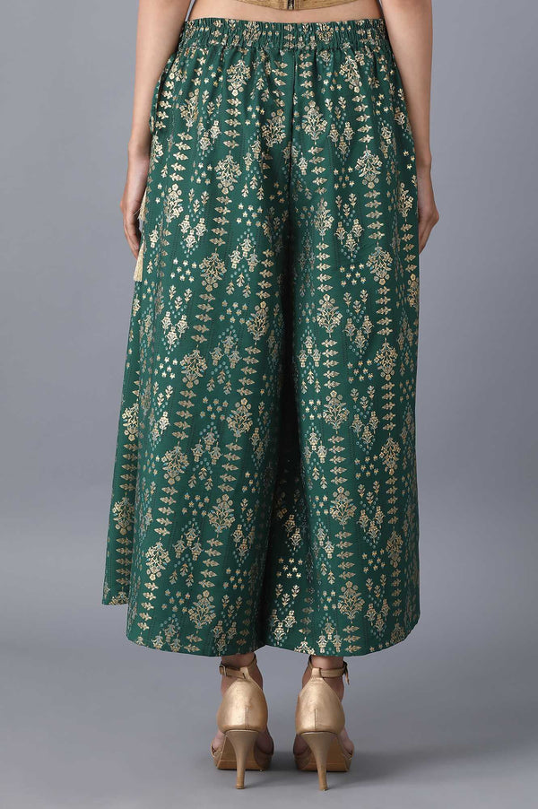 Muted Sage Green Floral Printed Flared Cotton Palazzo With Elasticated Waist