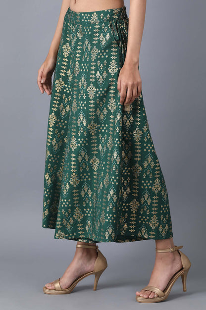 Muted Sage Green Floral Printed Flared Cotton Palazzo With Elasticated Waist