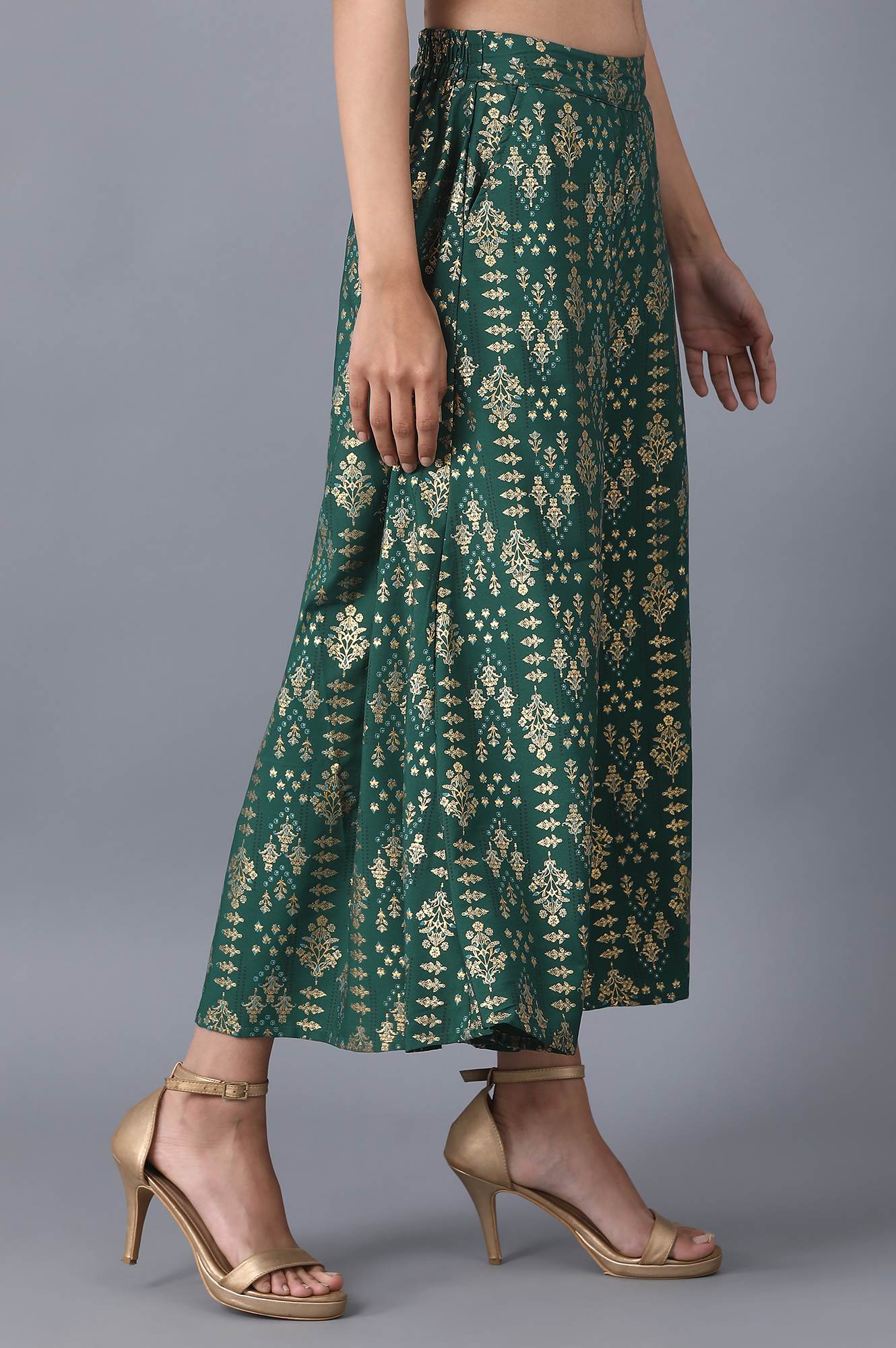 Muted Sage Green Floral Printed Flared Cotton Palazzo With Elasticated Waist