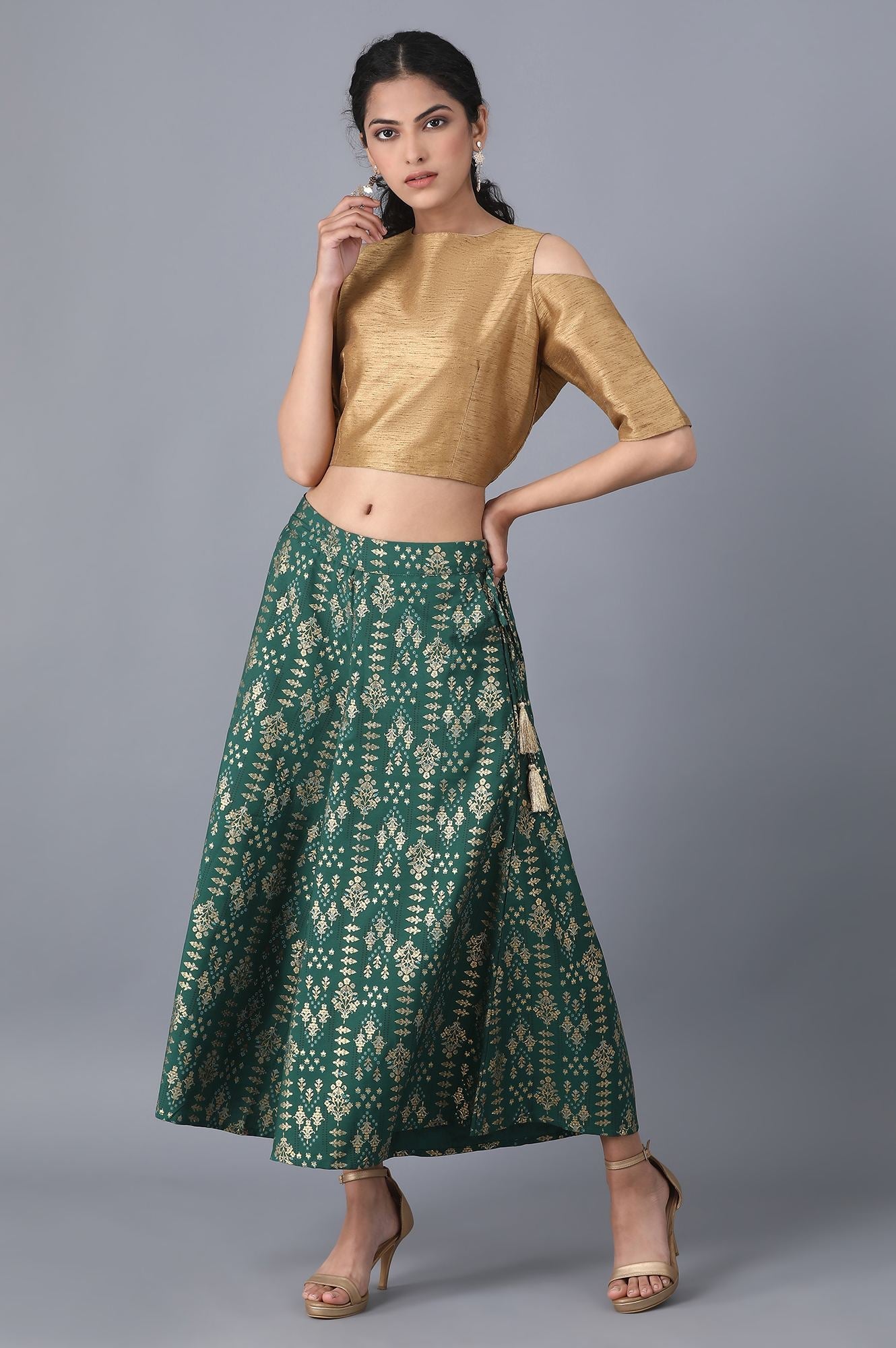 Muted Sage Green Floral Printed Flared Cotton Palazzo With Elasticated Waist