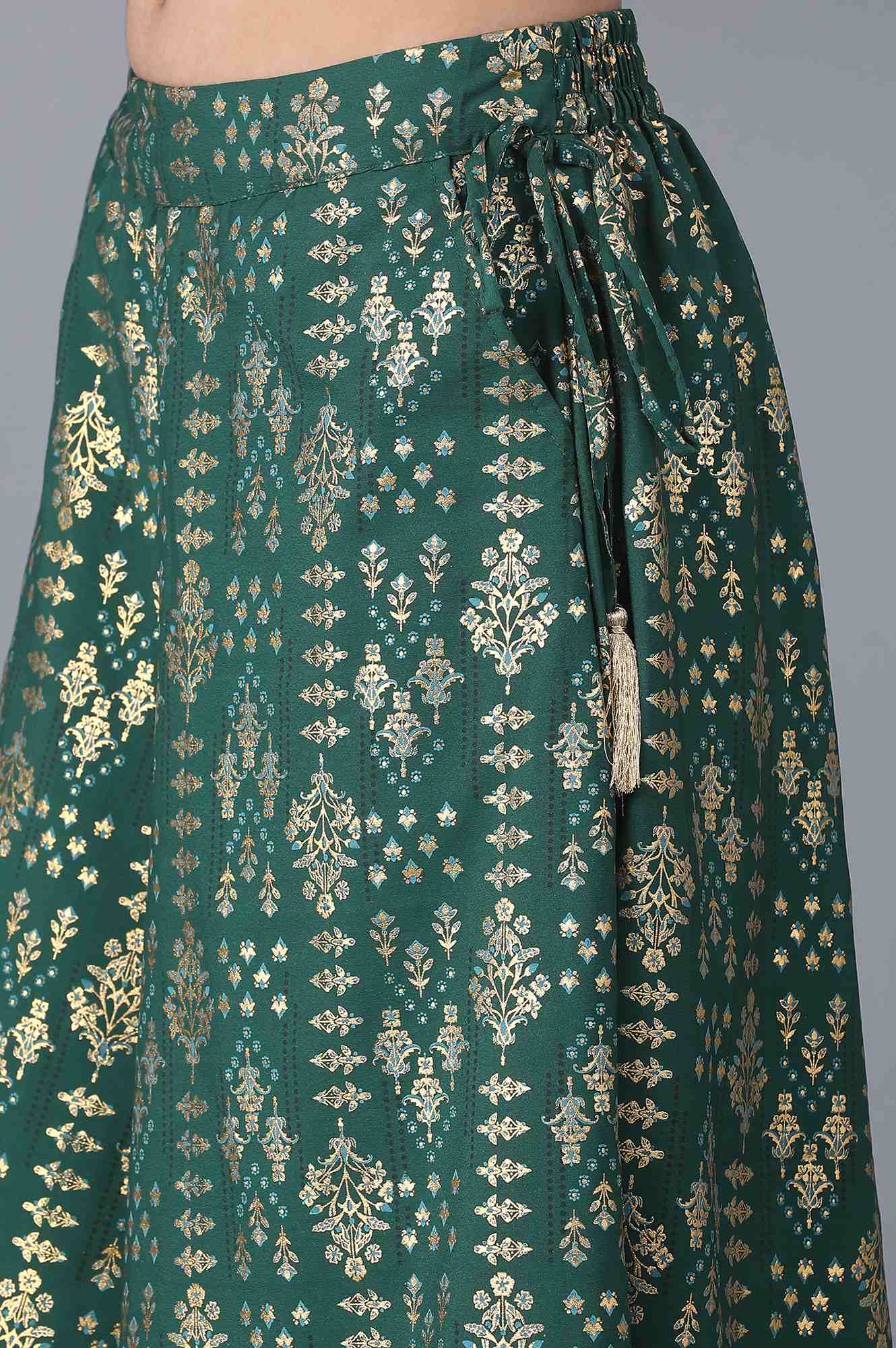 Muted Sage Green Floral Printed Flared Cotton Palazzo With Elasticated Waist