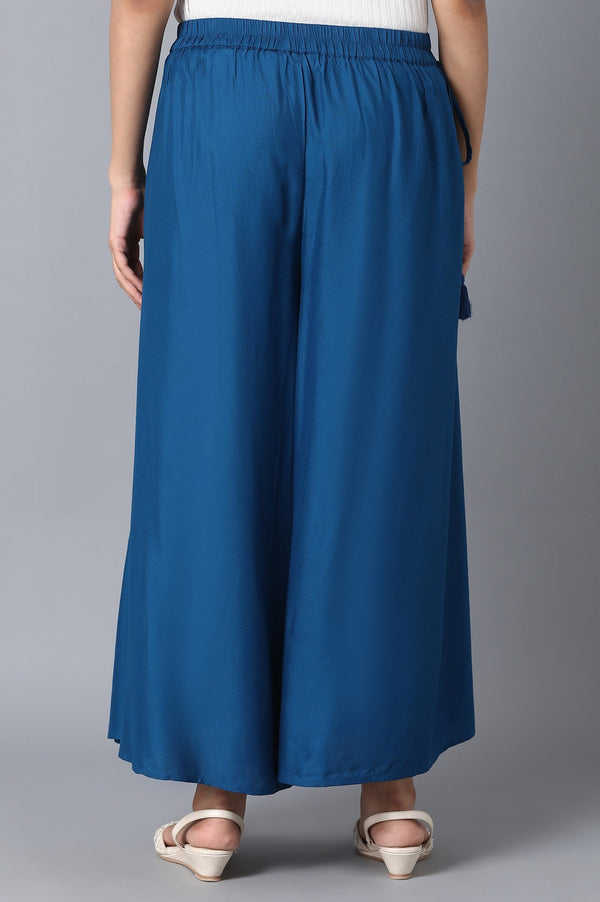 Blue Solid Flared Cotton Culottes With Elasticated Waist
