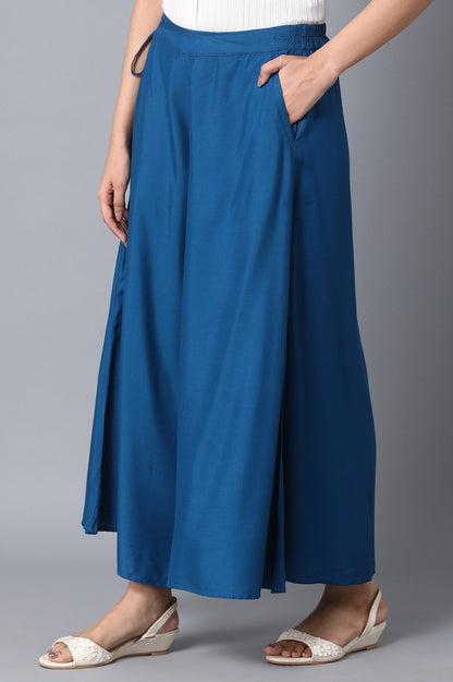 Blue Solid Flared Cotton Culottes With Elasticated Waist