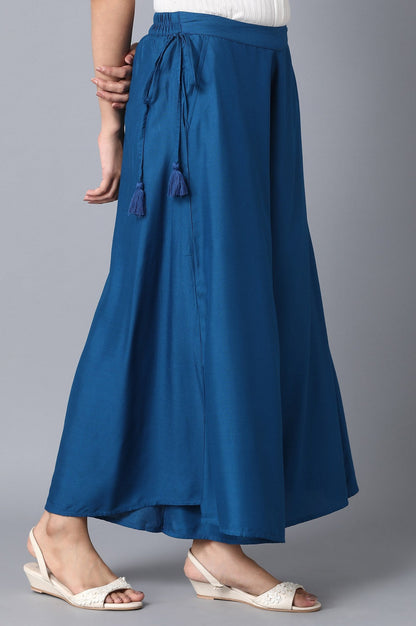 Blue Solid Flared Cotton Culottes With Elasticated Waist