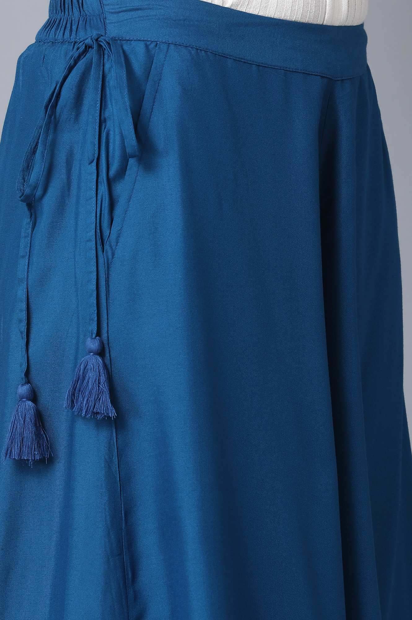 Blue Solid Flared Cotton Culottes With Elasticated Waist