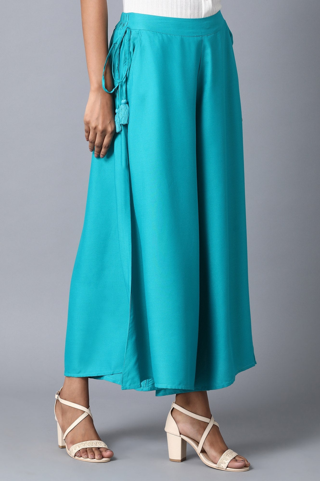 Turquoise Solid Flared Cotton Culottes with Elasticated Waist