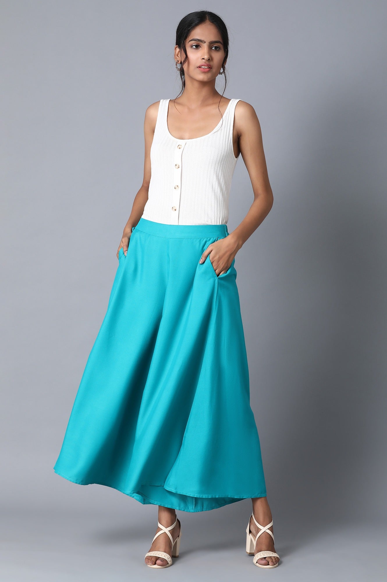 Turquoise Solid Flared Cotton Culottes with Elasticated Waist