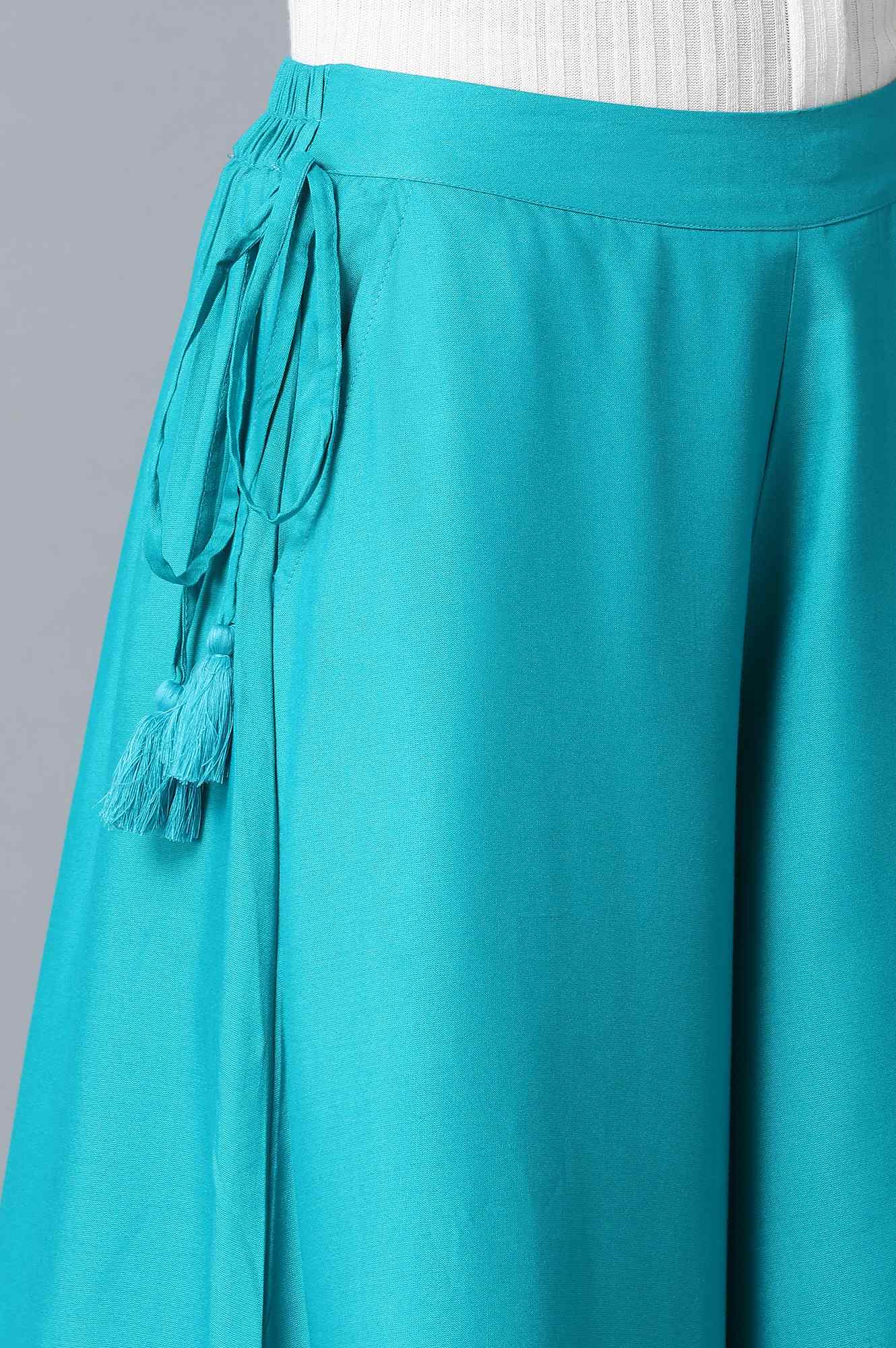 Turquoise Solid Flared Cotton Culottes with Elasticated Waist