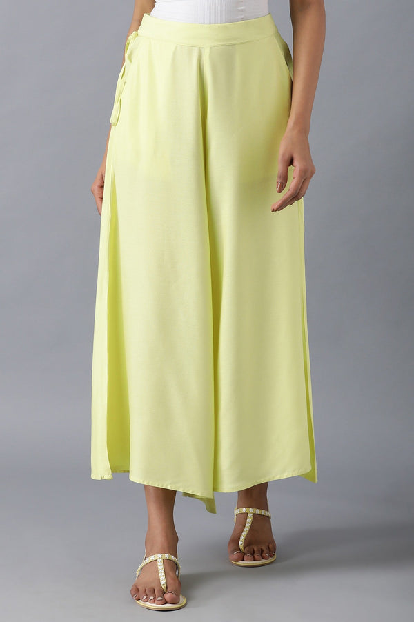 Yellow Solid Flared Cotton Palazzo With Elasticated Waistband
