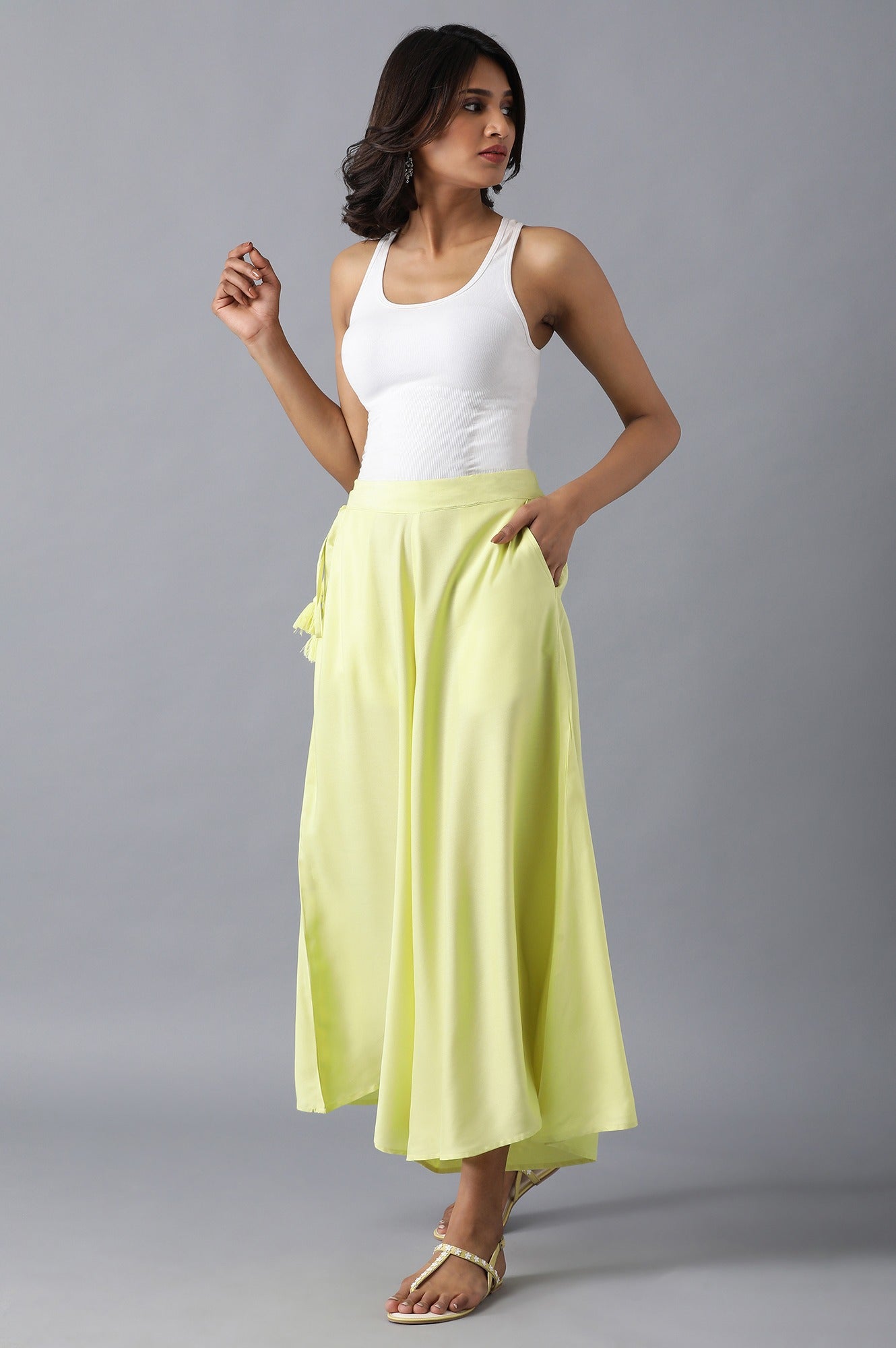 Yellow Solid Flared Cotton Palazzo With Elasticated Waistband