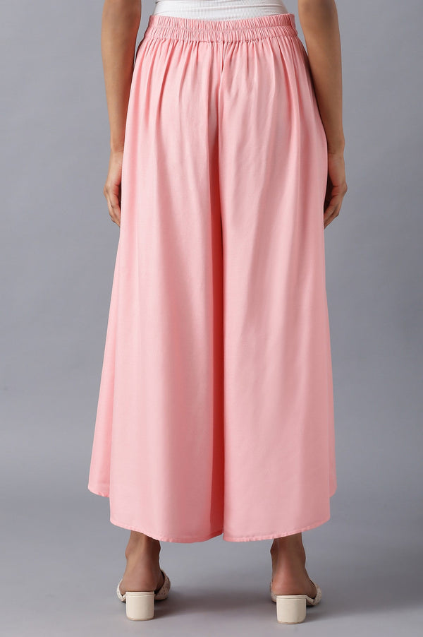 Pink Solid Flared Cotton Culottes With Elasticated Waistband