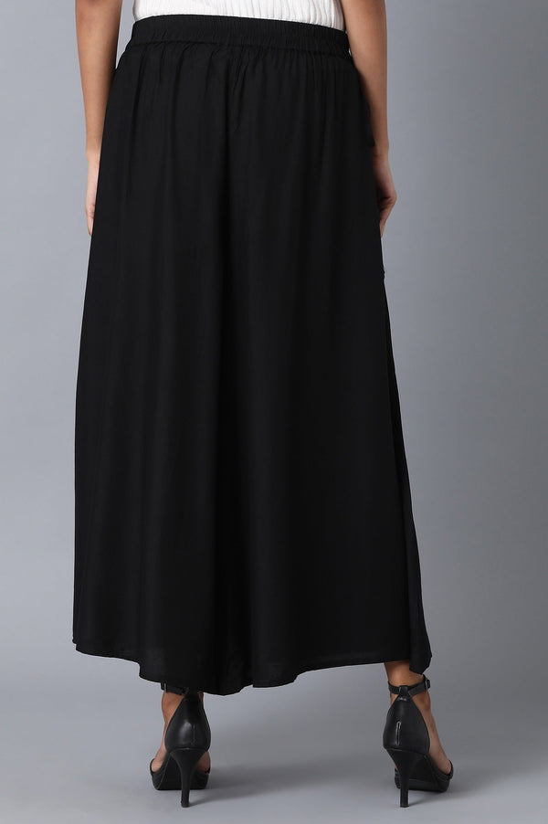 Black Solid Flared Cotton Culottes With Elasticated Waist