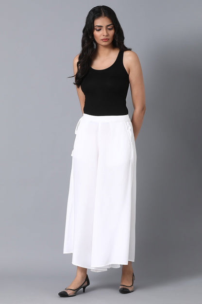 White Solid Flared Cotton Culottes With Elasticated Waist