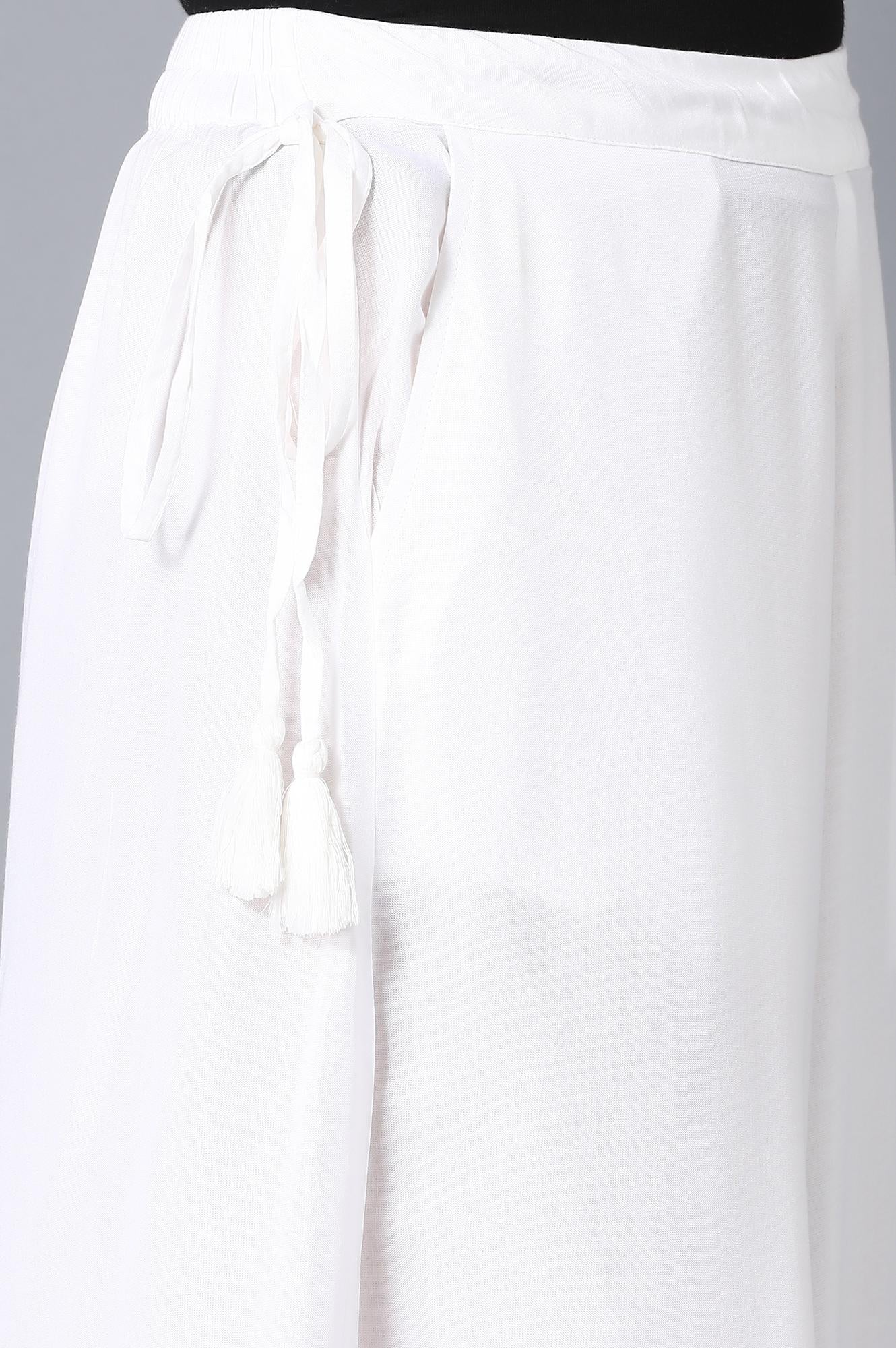 White Solid Flared Cotton Culottes With Elasticated Waist
