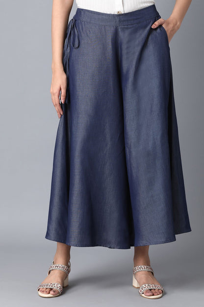 Indigo Solid Flared Cotton Culottes With Elasticated Waist