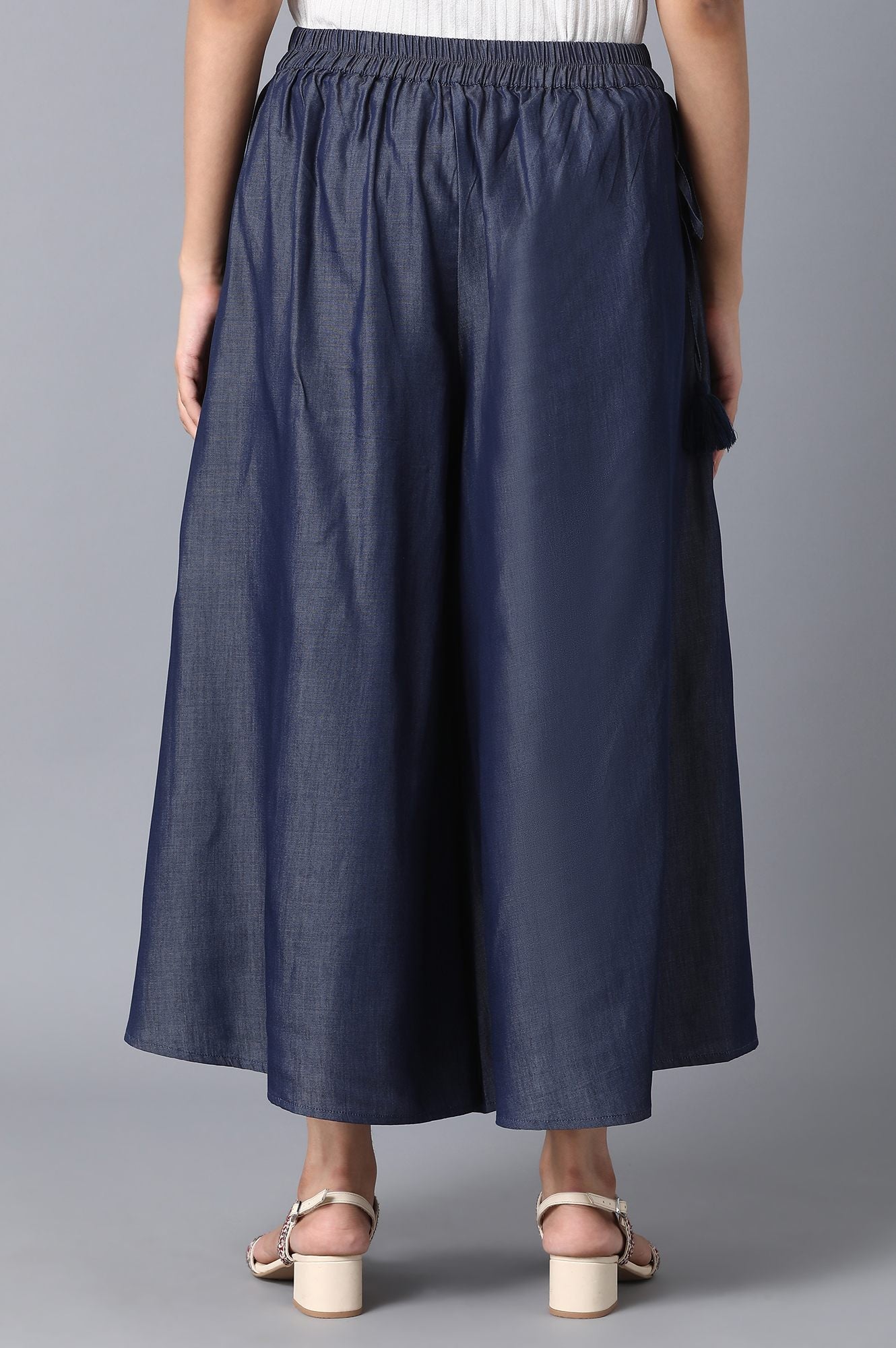 Indigo Solid Flared Cotton Culottes With Elasticated Waist