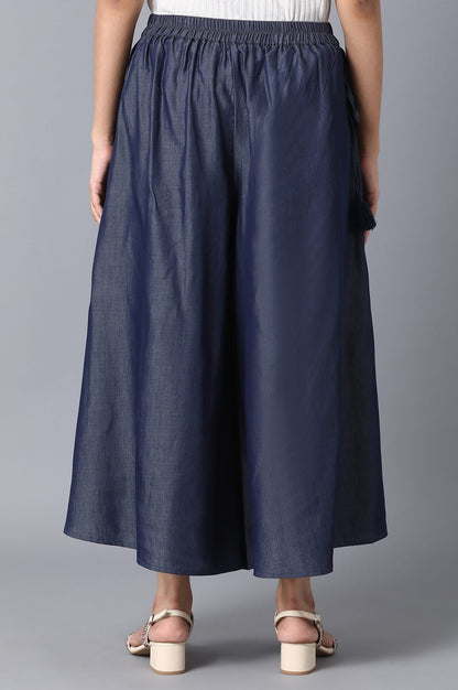 Indigo Solid Flared Cotton Culottes With Elasticated Waist