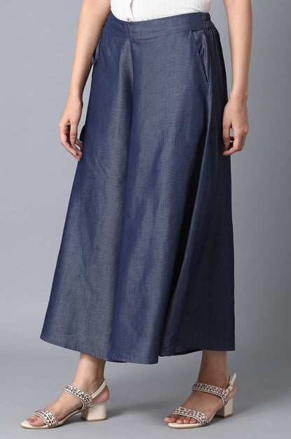 Indigo Solid Flared Cotton Culottes With Elasticated Waist