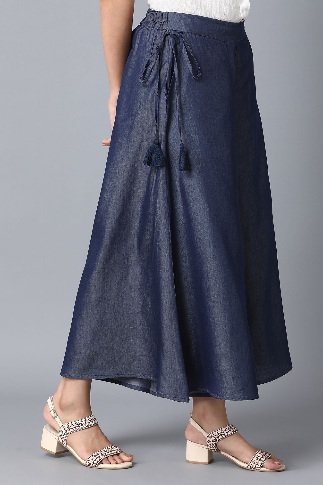 Indigo Solid Flared Cotton Culottes With Elasticated Waist