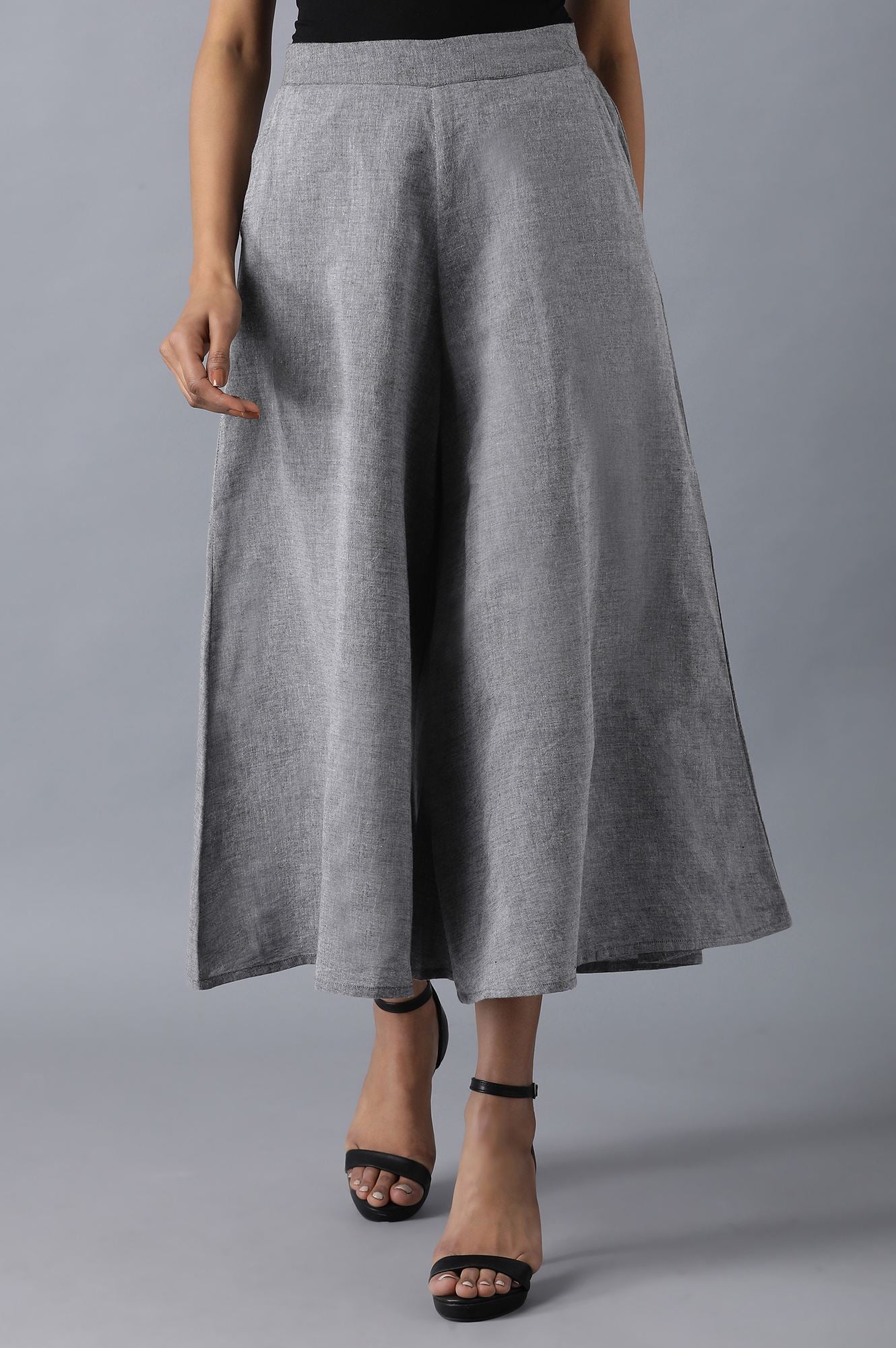 Grey Solid Flared Cotton Palazzo With Elasticated Waistband