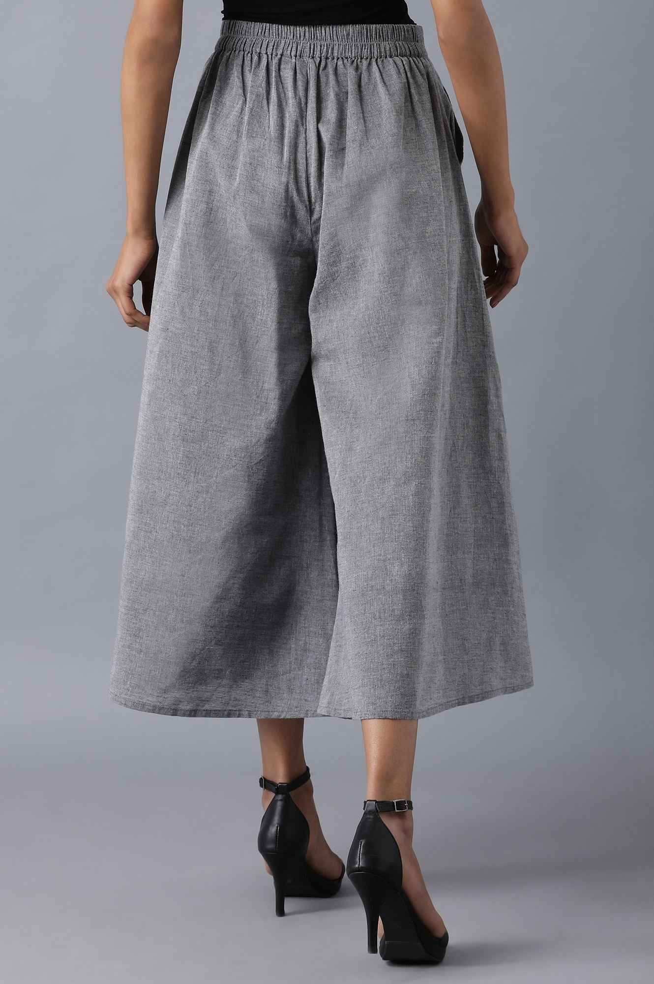 Grey Solid Flared Cotton Palazzo With Elasticated Waistband