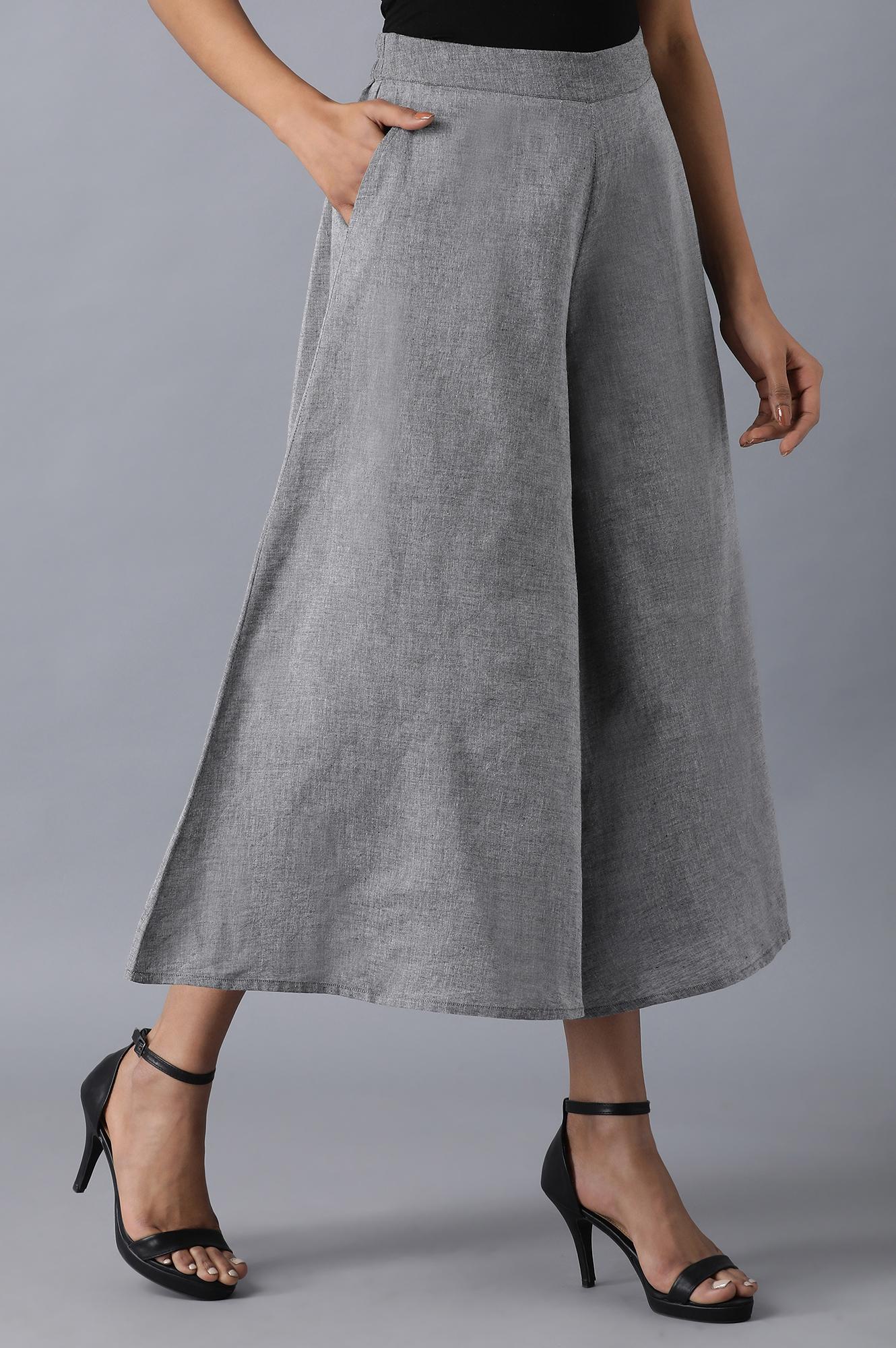 Grey Solid Flared Cotton Palazzo With Elasticated Waistband