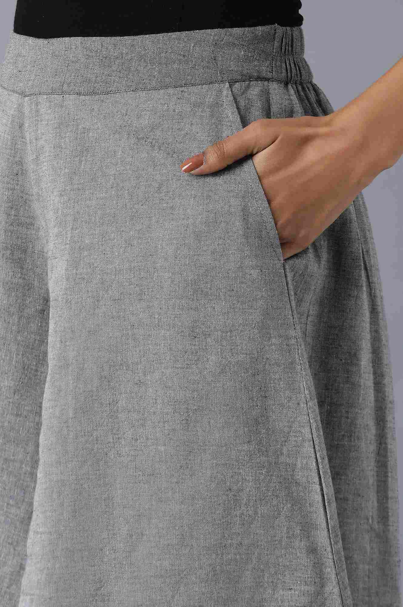 Grey Solid Flared Cotton Palazzo With Elasticated Waistband
