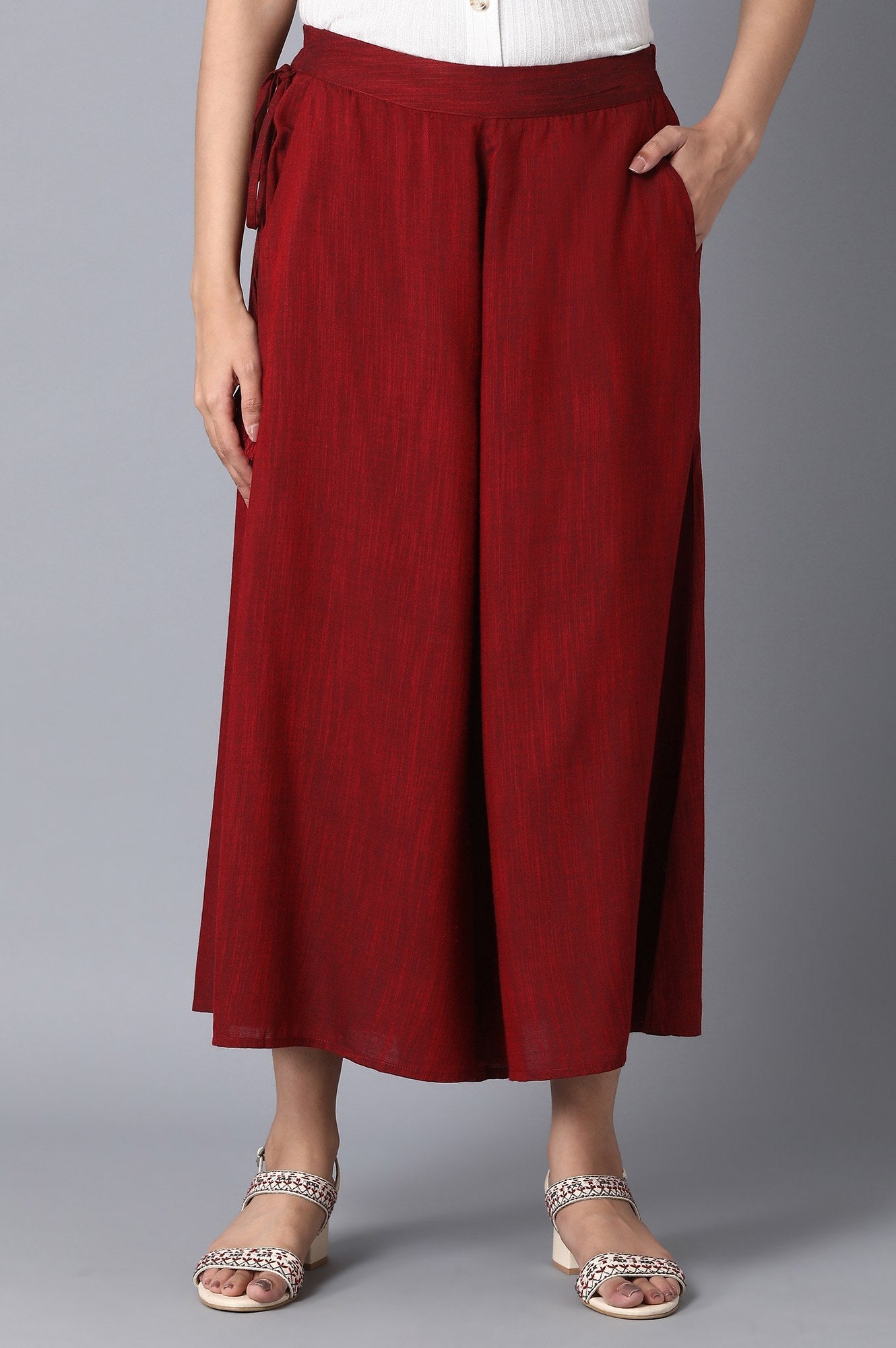 Red Solid Flared Cotton Palazzo With Elasticated Waist
