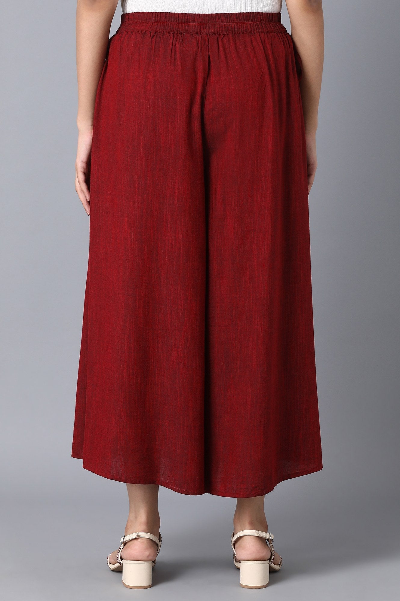 Red Solid Flared Cotton Palazzo With Elasticated Waist