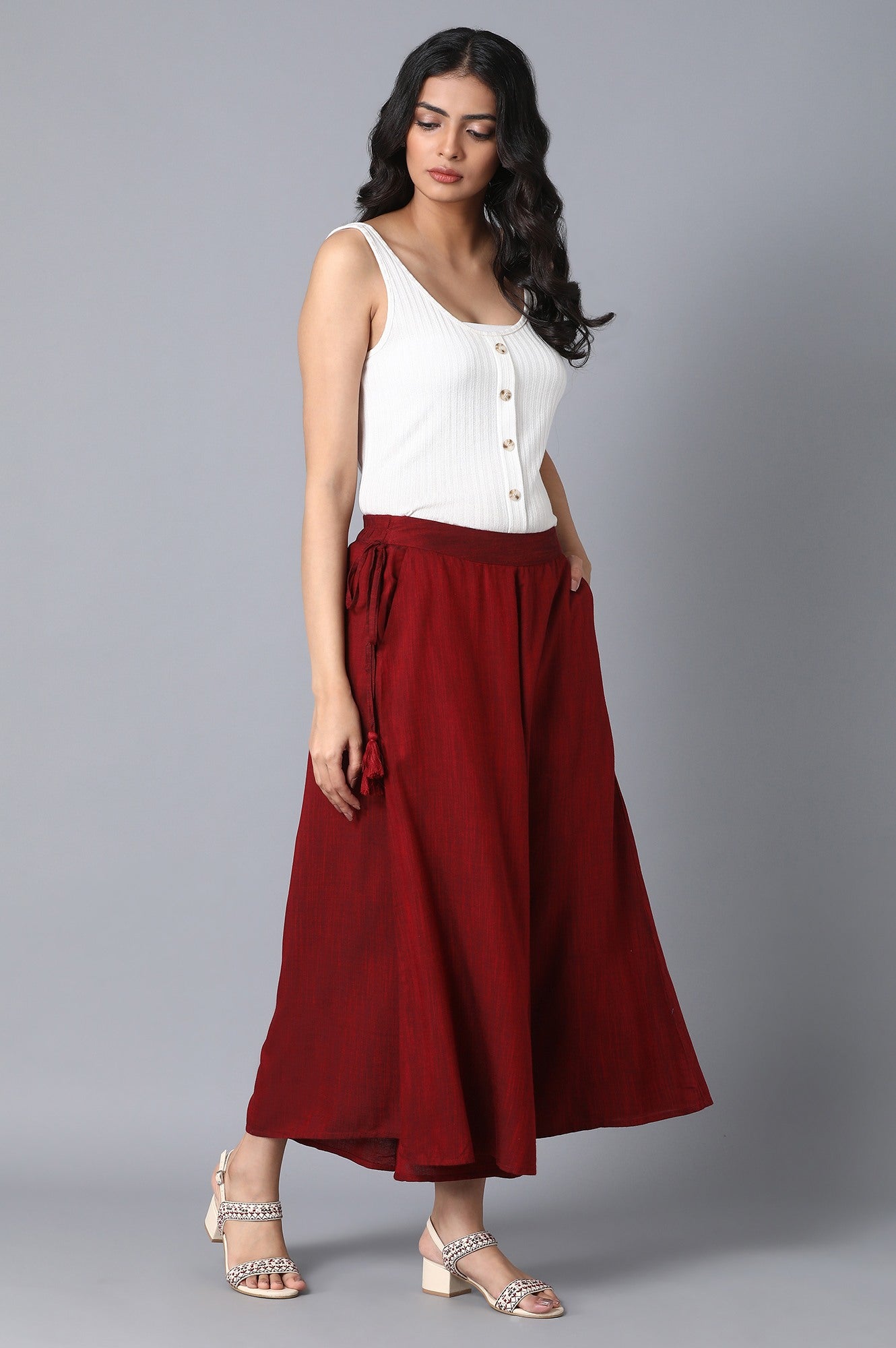 Red Solid Flared Cotton Palazzo With Elasticated Waist