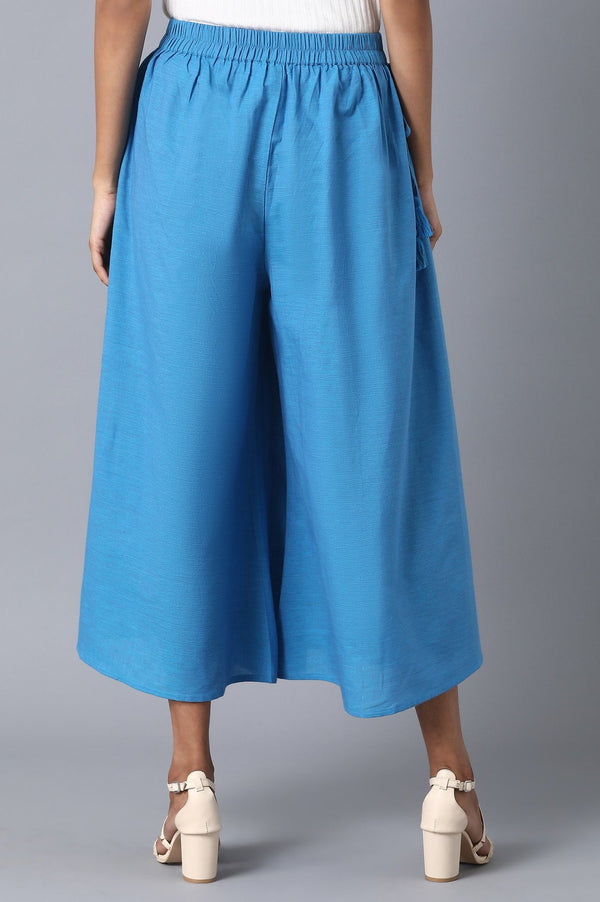 Blue Solid Flared Cotton Palazzo With Elasticated Waist