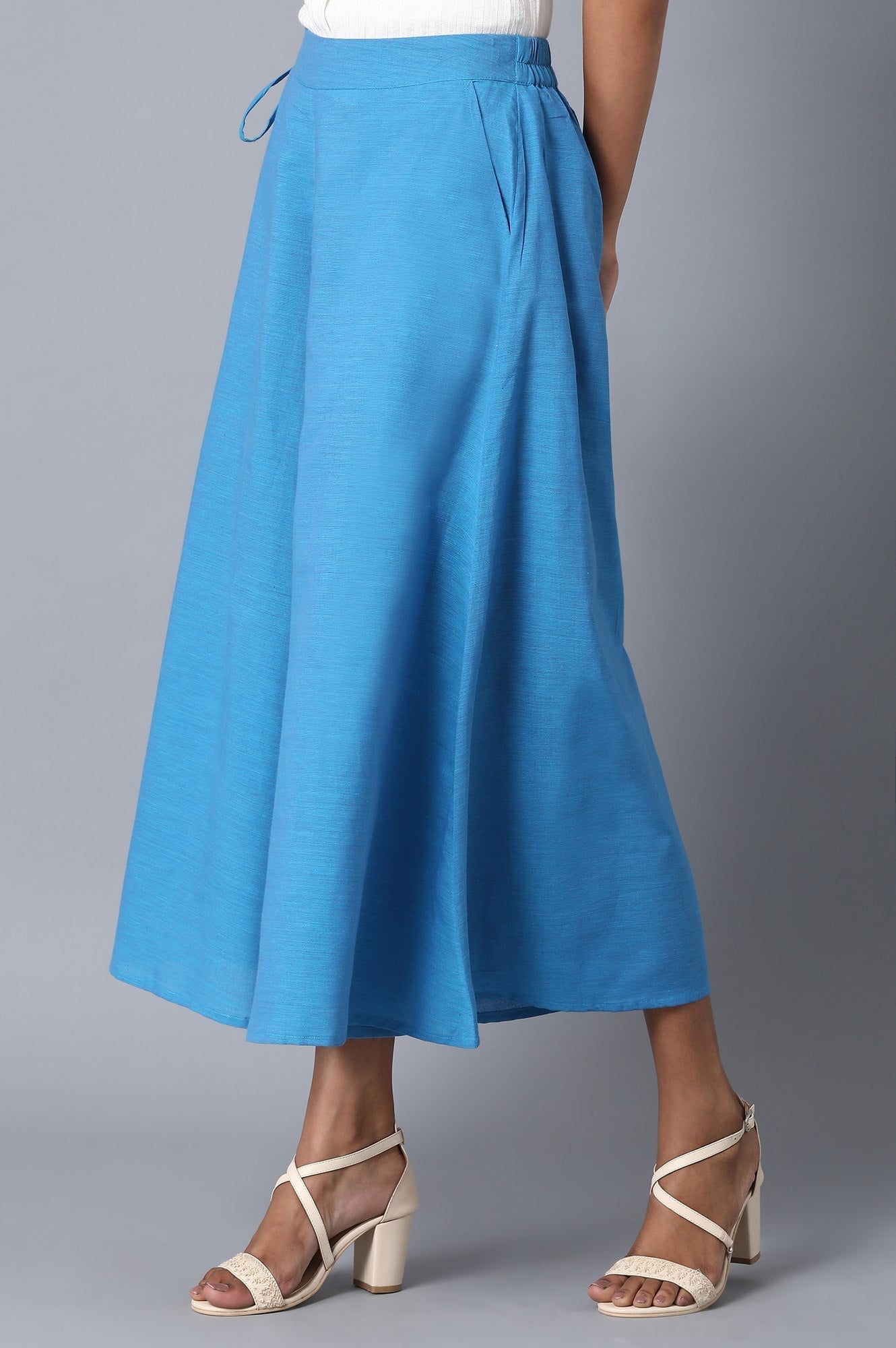 Blue Solid Flared Cotton Palazzo With Elasticated Waist