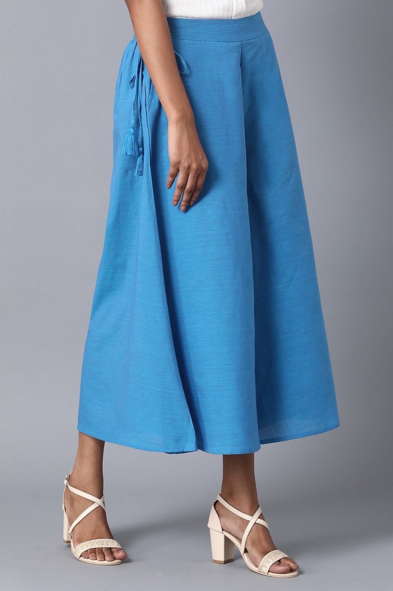 Blue Solid Flared Cotton Palazzo With Elasticated Waist
