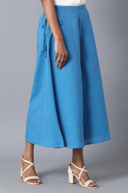 Blue Solid Flared Cotton Palazzo With Elasticated Waist