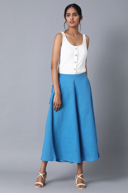 Blue Solid Flared Cotton Palazzo With Elasticated Waist