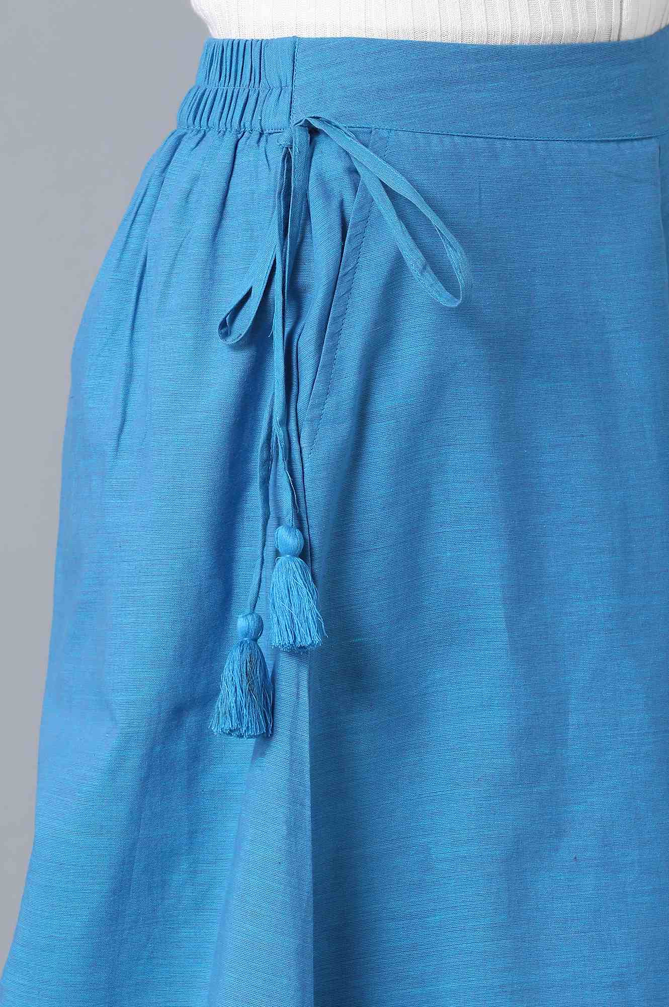 Blue Solid Flared Cotton Palazzo With Elasticated Waist