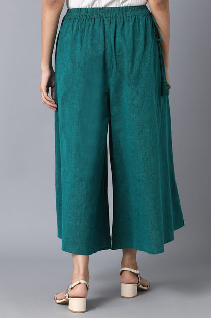 Muted Sage Green Solid Flared Cotton Culottes With Side Pockets