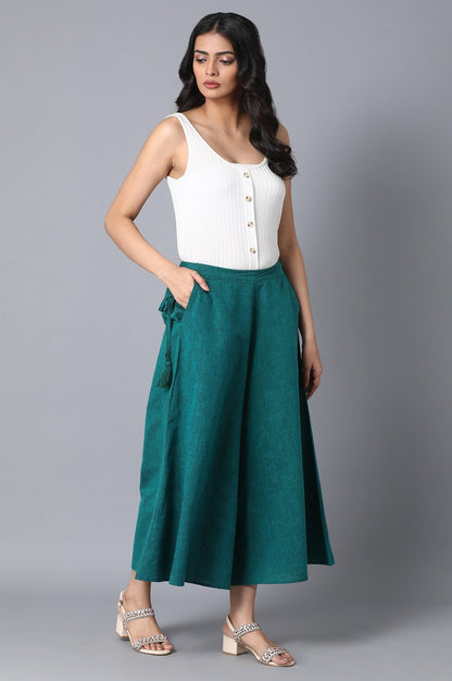 Muted Sage Green Solid Flared Cotton Culottes With Side Pockets