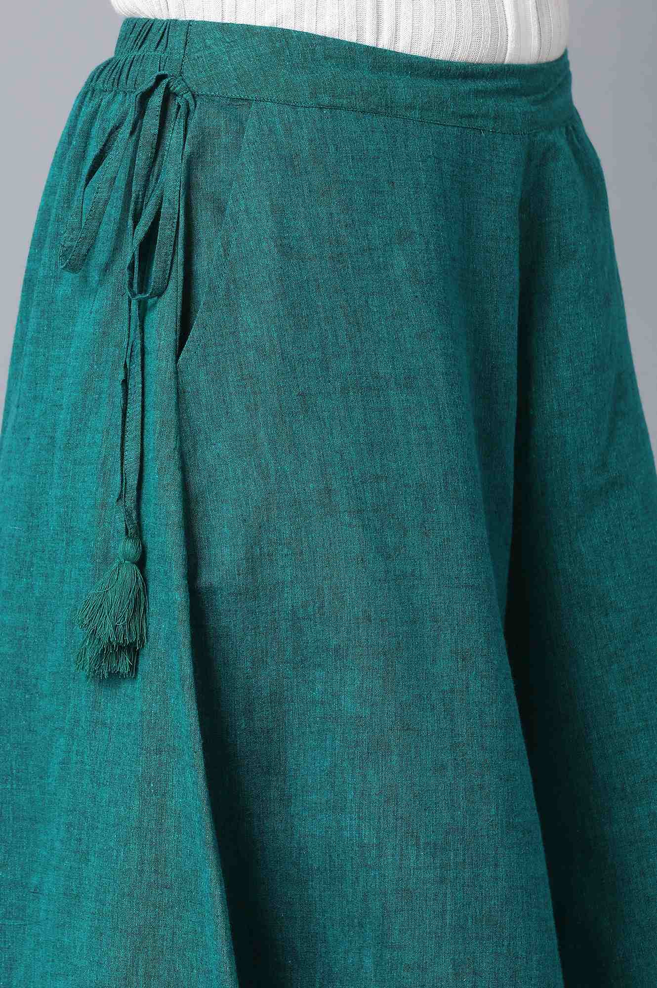 Muted Sage Green Solid Flared Cotton Culottes With Side Pockets