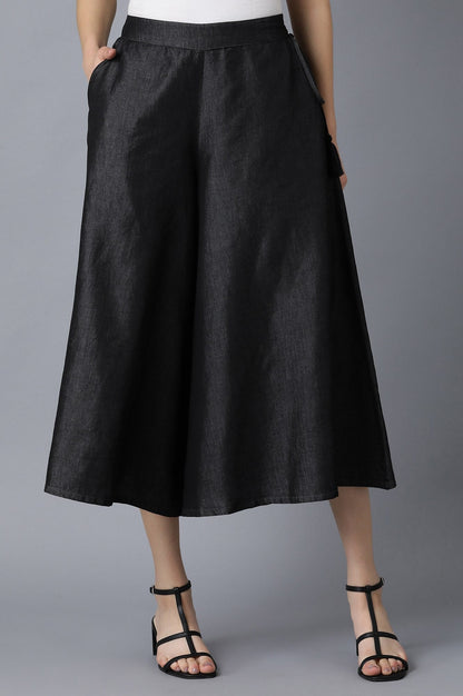 Black Solid Flared Cotton Culottes With Elasticated Waist
