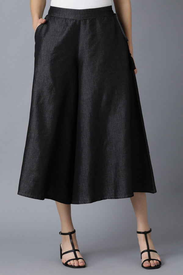 Black Solid Flared Cotton Culottes With Elasticated Waist