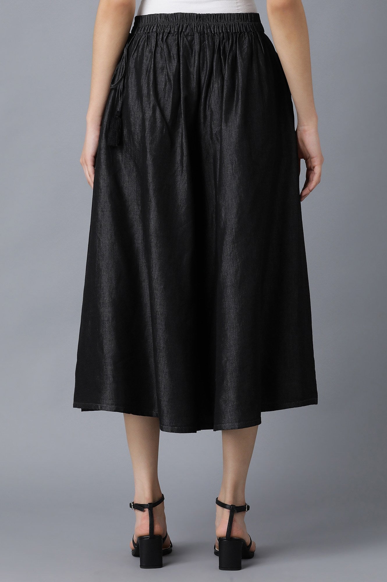 Black Solid Flared Cotton Culottes With Elasticated Waist