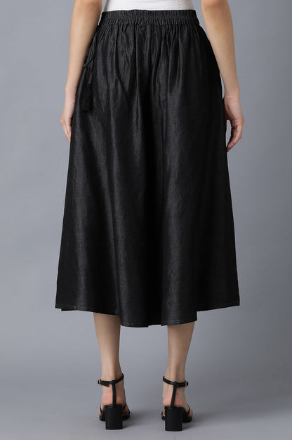 Black Solid Flared Cotton Culottes With Elasticated Waist