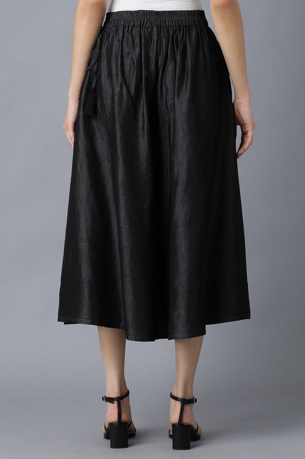 Black Solid Flared Cotton Culottes With Elasticated Waist