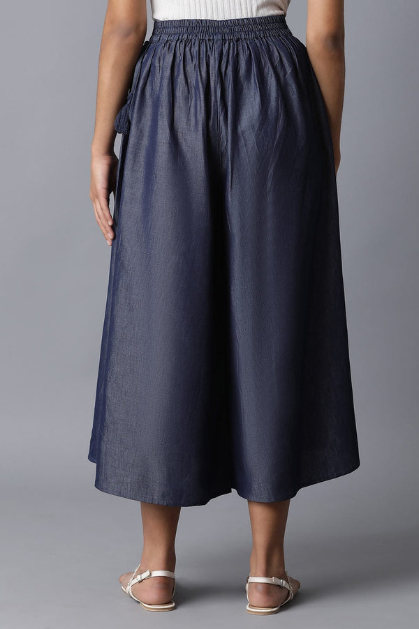 Navy Blue Solid Flared Cotton Culottes With Elasticated Waist